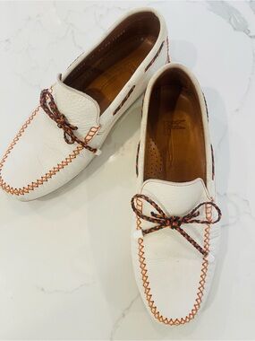 Moreschi Italian White Leather Moccasin Loafers with Orange/Red Stitching